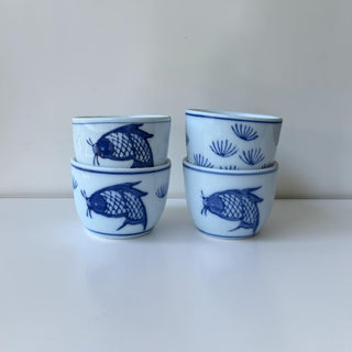 ! Vintage Blue and White Porcelain Carp Koi Fish Tea or Sake Cups