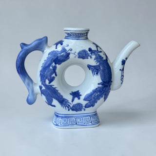 Vintage Blue and White Donut Shaped Dragon Teapot