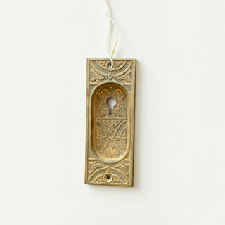 Her Good Eye ornate antique brass door escutcheon plate with intricate Victorian relief patterns and aged patina.