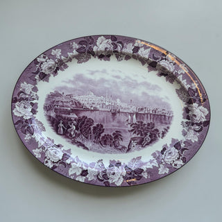 Her Good Eye antique purple transferware oval serving platter with scenic View of Baltimore and floral border.