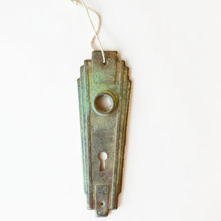 Her Good Eye vintage Art Deco door plate with geometric silhouette, weathered bronze and verdigris patina finish.