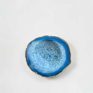 Her Good Eye blue agate slice coaster with gold electroplated rim and crystalline formations.