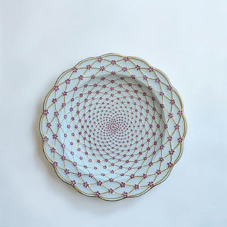 Her Good Eye light blue ceramic decorative serving platter with gold lattice and purple floral pattern, scalloped gold trim.
