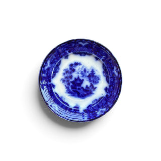 Her Good Eye vintage porcelain saucer with blue and white Chinoiserie landscape motif and scalloped rim