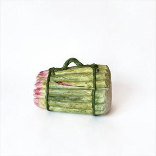 Her Good Eye ceramic asparagus bundle lidded serving dish with realistic green and pink hand-painted details.