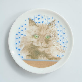 Her Good Eye decorative ceramic plate featuring a fluffy cat illustration with green eyes and lace overlay detail.