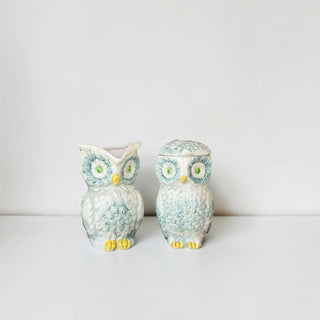 Her Good Eye vintage ceramic owl creamer and lidded sugar bowl set with blue, white, and yellow hand-painted details.