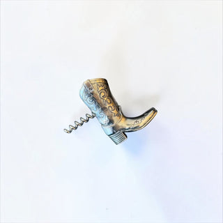 Her Good Eye silver-toned cowboy boot wine corkscrew with intricate embossed scrollwork and stitching details.
