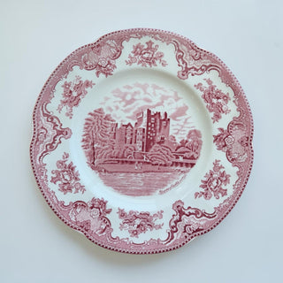 Her Good Eye vintage ceramic dinner plate with cranberry red Blarney Castle transferware and floral scalloped edges
