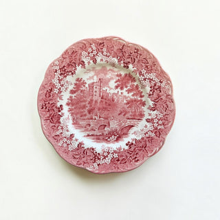 Her Good Eye vintage ceramic dinner plate with cranberry red pastoral castle scene and scalloped embossed floral rim