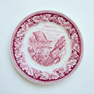 Her Good Eye vintage transferware dinner plate with a crimson red coastal sailboat scene and embossed leaf border.