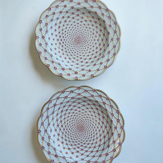 Her Good Eye decorative serving platter with light blue ceramic, gold lattice, purple flowers, and gold trim.
