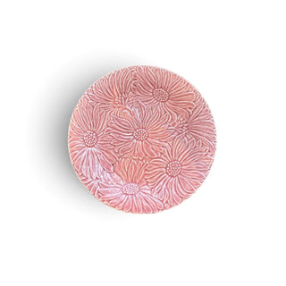 Her Good Eye dusty rose ceramic dinner plate featuring a raised, embossed daisy floral pattern.