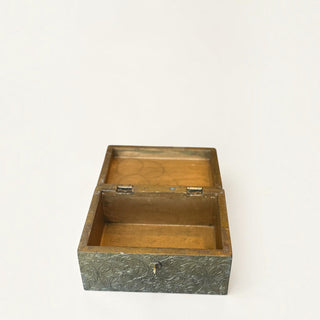 Her Good Eye vintage embossed metal keepsake box with floral motif and antique brass finish, open view