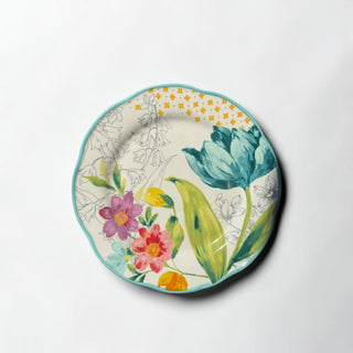 Her Good Eye floral patterned ceramic dinner plate with teal tulip, pink, coral, yellow flowers, lily of the valley line drawings, and turquoise scalloped edge.