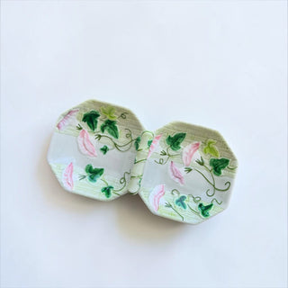Her Good Eye vintage ceramic divided serving dish with embossed pink morning glory flowers and green vines.