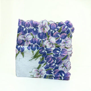 Her Good Eye vintage cotton handkerchief with purple and white iris floral print and scalloped embroidered edges.