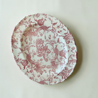 Her Good Eye vintage ceramic serving platter with crimson red floral and peacock transferware pattern on off-white