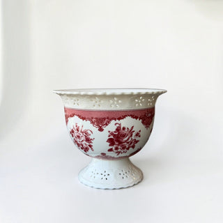Her Good Eye vintage-style white porcelain pedestal bowl with crimson floral transferware and scalloped lattice rim.
