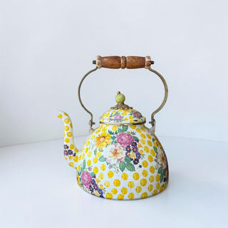 Her Good Eye floral and polka dot enamel kettle with wooden handle. White with yellow polka dots and vintage flowers.