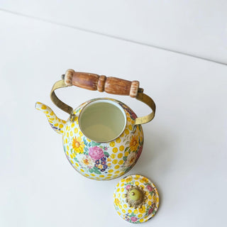 Her Good Eye floral and polka dot enamel kettle with wooden handle. White with yellow polka dots and vintage flowers.