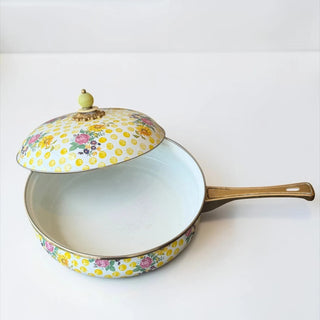 Her Good Eye yellow polka dot floral skillet pan with lid. Vintage kitchenware.