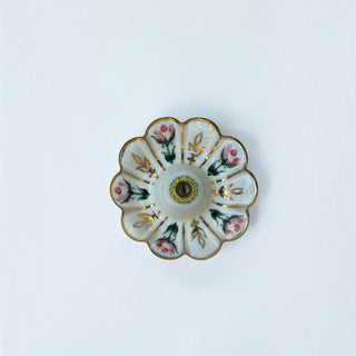 Her Good Eye vintage floral porcelain cabinet knob with pink rose motifs, gold-tone accents, and a scalloped edge design.
