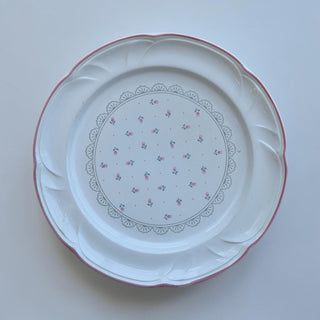 Her Good Eye white dinner plate with pink roses, green leaves, lace border, and pink trim.