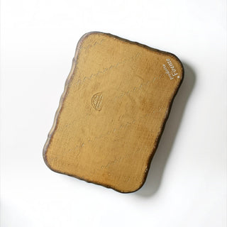 Her Good Eye handcrafted Florentine decorative tray with distressed gold finish and scalloped edges, bottom view.