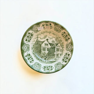 Her Good Eye vintage ceramic serving bowl in forest green with an English country inn transferware design.