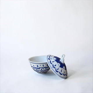 Her Good Eye hand-painted porcelain lidded bowl with blue botanical leaf pattern and sculptural handle on white.