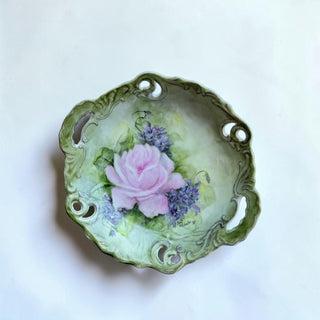 Her Good Eye hand-painted porcelain decorative tray with pink rose and purple blossoms, scalloped edge with cut-outs.