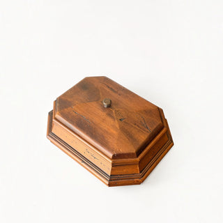 Her Good Eye handcrafted wooden keepsake box with a geometric lid and vintage metal knob on a white background.