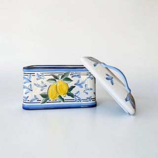 Her Good Eye ceramic bread box with hand-painted lemons and blue scrollwork. Rectangular with a lid.