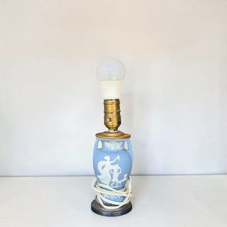 Her Good Eye neoclassical blue jasperware ceramic table lamp with white relief figures and antique brass hardware.
