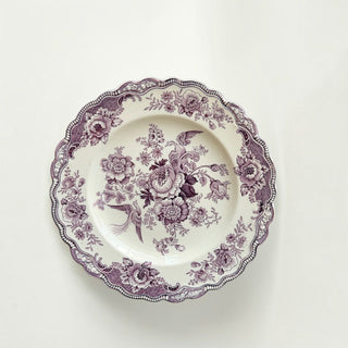 Her Good Eye vintage ceramic dinner plate with purple floral and bird transferware pattern and scalloped edges.
