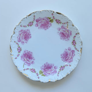 Her Good Eye decorative porcelain plate with pink roses and gold trim, scalloped edge.