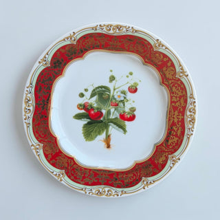 Her Good Eye decorative porcelain plate with strawberry botanical illustration, red scalloped border, gold damask pattern, and mint green band.