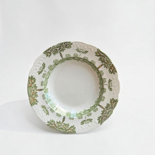 Her Good Eye vintage ceramic serving bowl with sage green and brown botanical tree pattern and scalloped embossed edge.