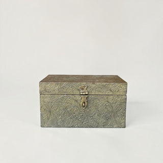 Her Good Eye vintage-style rectangular metal keepsake box with an antique brass finish and embossed floral pattern.