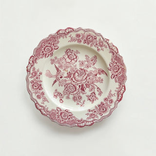 Her Good Eye vintage ceramic dinner plate with cranberry red floral and bird transferware on off-white scalloped edge.