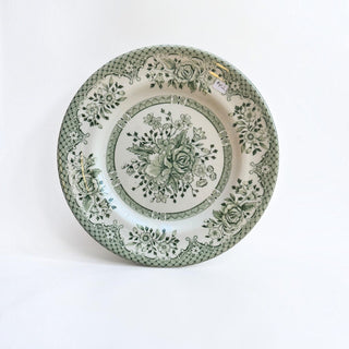 Her Good Eye vintage ceramic dinner plate with sage green floral botanical illustrations and lattice border.