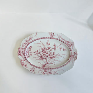 Her Good Eye vintage ceramic oval serving platter with deep red floral transferware pattern and scalloped edges.