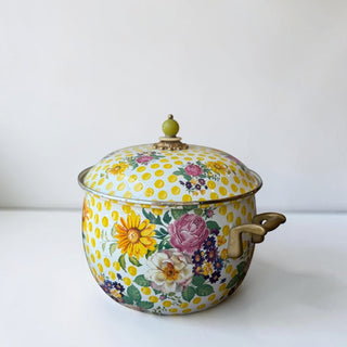 Her Good Eye vintage floral enamel stock pot with lid, yellow polka dots and brass handles.