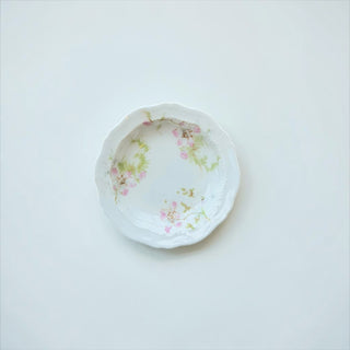Her Good Eye vintage porcelain serving dish with scalloped edges and hand-painted pink floral watercolor design.
