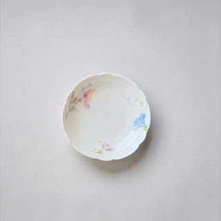 Her Good Eye vintage porcelain serving dish with scalloped edges and hand-painted pink and blue floral motifs.