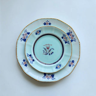 Her Good Eye vintage porcelain plate with pale blue crackle glaze, floral motifs, and scalloped gold-trimmed edges.