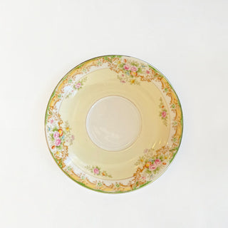 Her Good Eye vintage porcelain tea saucer with buttery yellow center, pink roses, and gold filigree floral border.