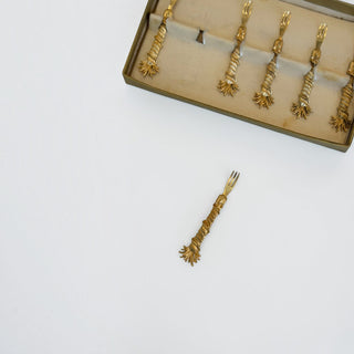 Her Good Eye vintage gold-tone metal appetizer fork set with textured spiral handles in a presentation box