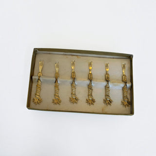 Her Good Eye set of six vintage gold-tone metal appetizer forks with textured spiral handles in a presentation box